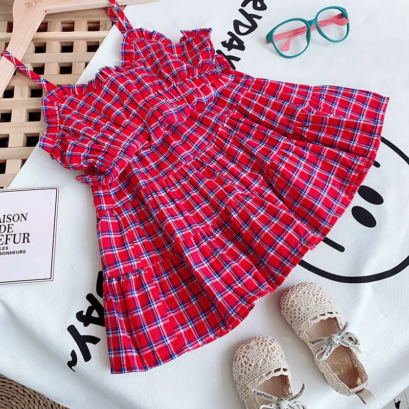 Girls Fashion Plaid Slip Tops And Skirt Set