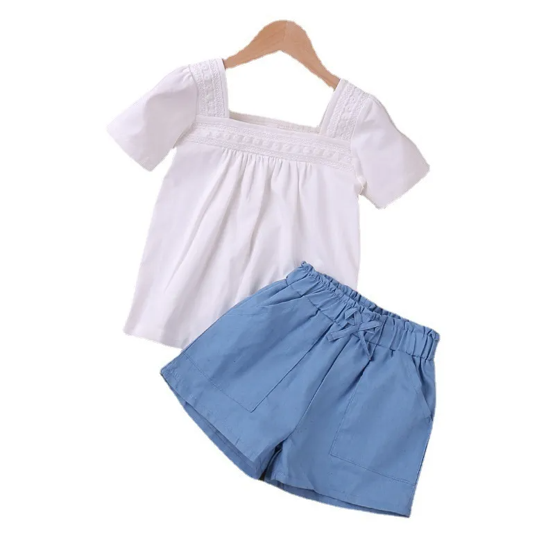 Girls Basic Short Sleeve Solid Color T-Shirt And Shorts Two-Piece Set