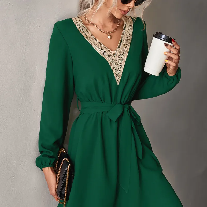 Autumn Winter Women Fashion V Neck Lace Long Sleeve Casual Dress