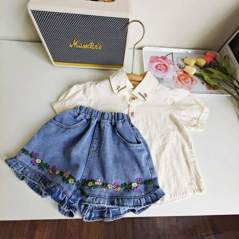 Children Kids Baby Fashion Girls Casual Short Sleeve Flower Embroidery Blouse And Denim Shorts 2pcs Set