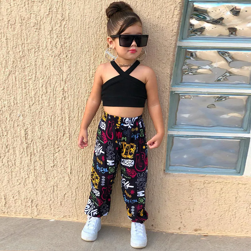 Children Kids Baby Fashion Girls Hanging Neck Top And Print Pants 2pcs Set