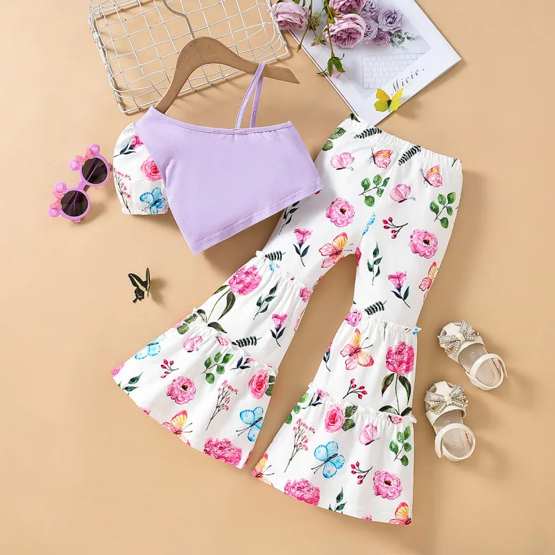 Children Kids Baby Fashion Girls Butterfly Flower One-Shoulder Suspender Top And Flared Pants 2pcs Set