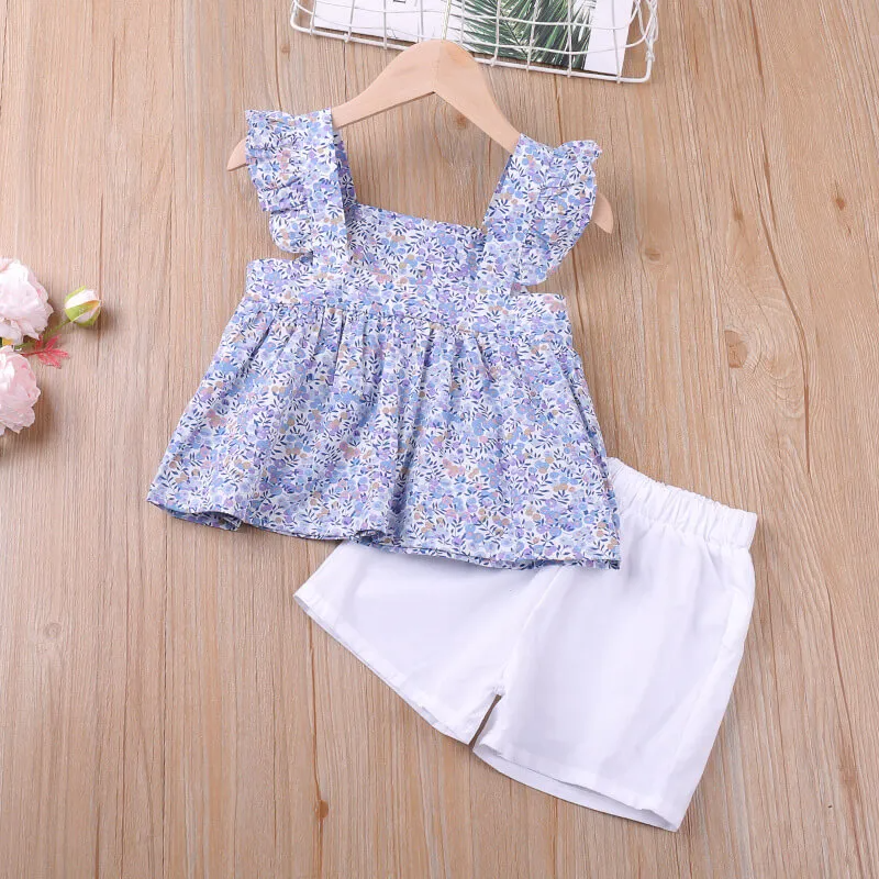 Girls Fashion Floral T-Shirt And Solid Color Shorts Set