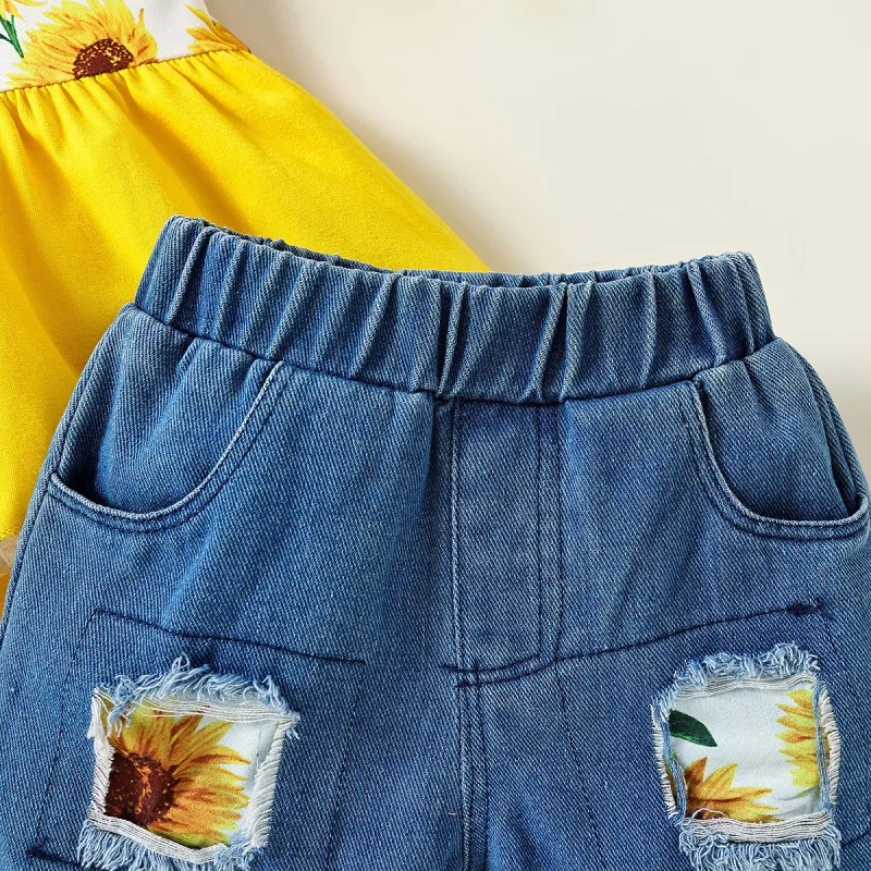 Children Kids Baby Fashion Girls Sunflower Sleeveless Suspenders Top And Denim Shorts 2pcs Set