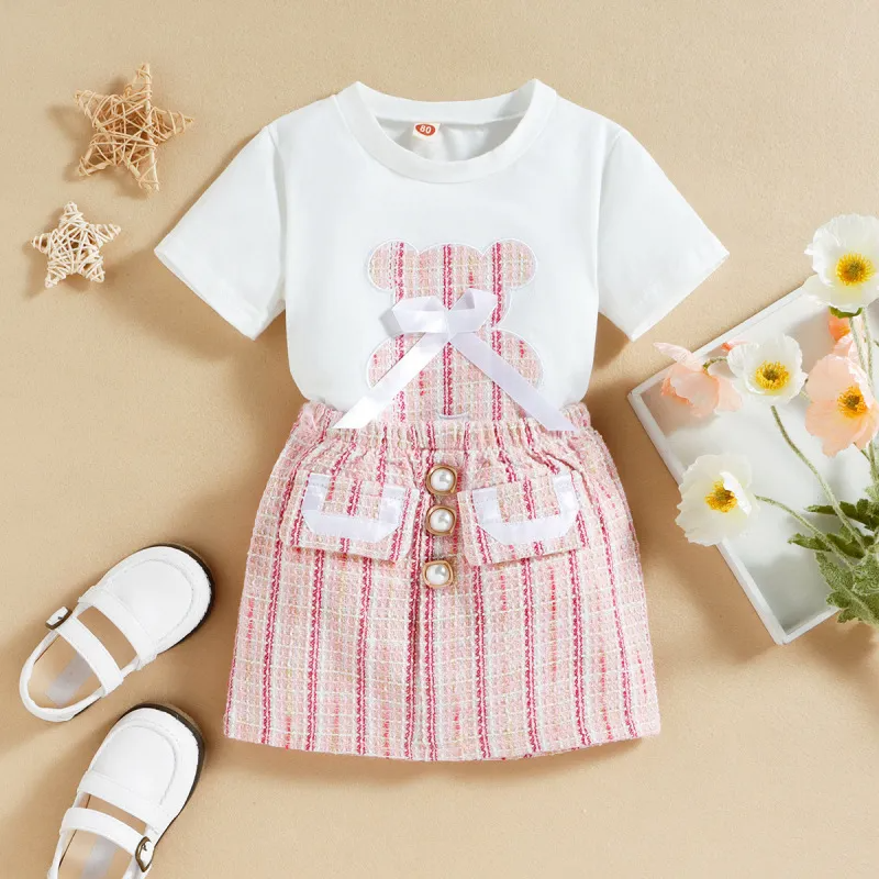 Kids Toddler Girls Summer Casual Cute Bow Cartoon Bear Pattern Short Sleeve Round Neck T-Shirt Stripe Skirt Sets