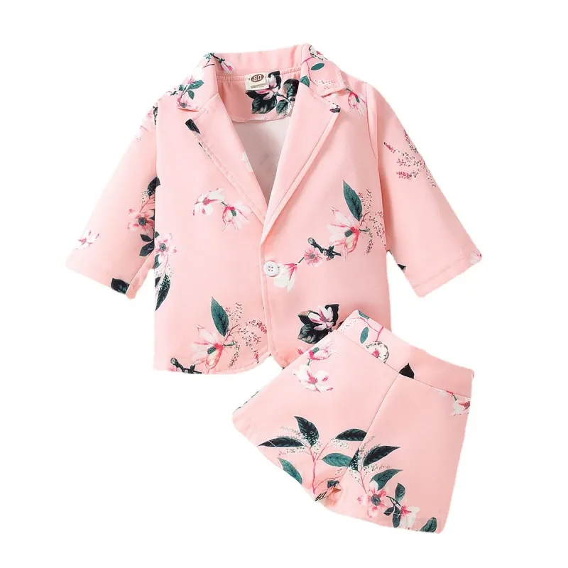 Children Kids Baby Fashion Girls Long Sleeve Floral Print Jacket And Shorts 2pcs Set