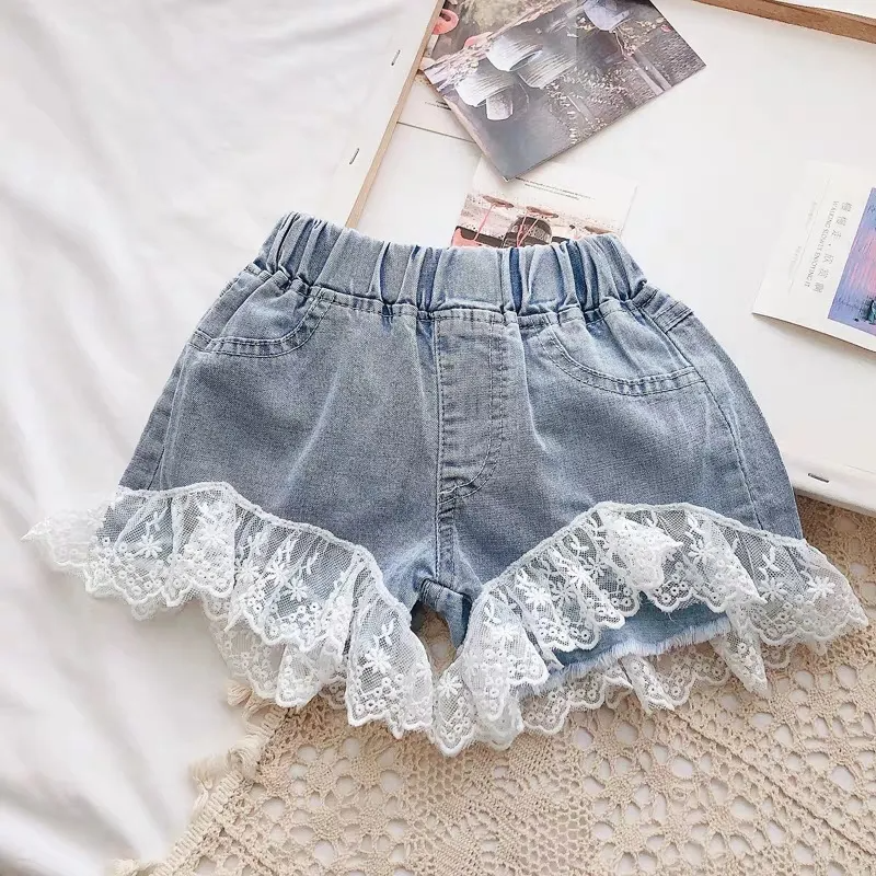 Girls Basic Round Neck Puff Sleeve Top And Lace Spliced Denim Shorts Set