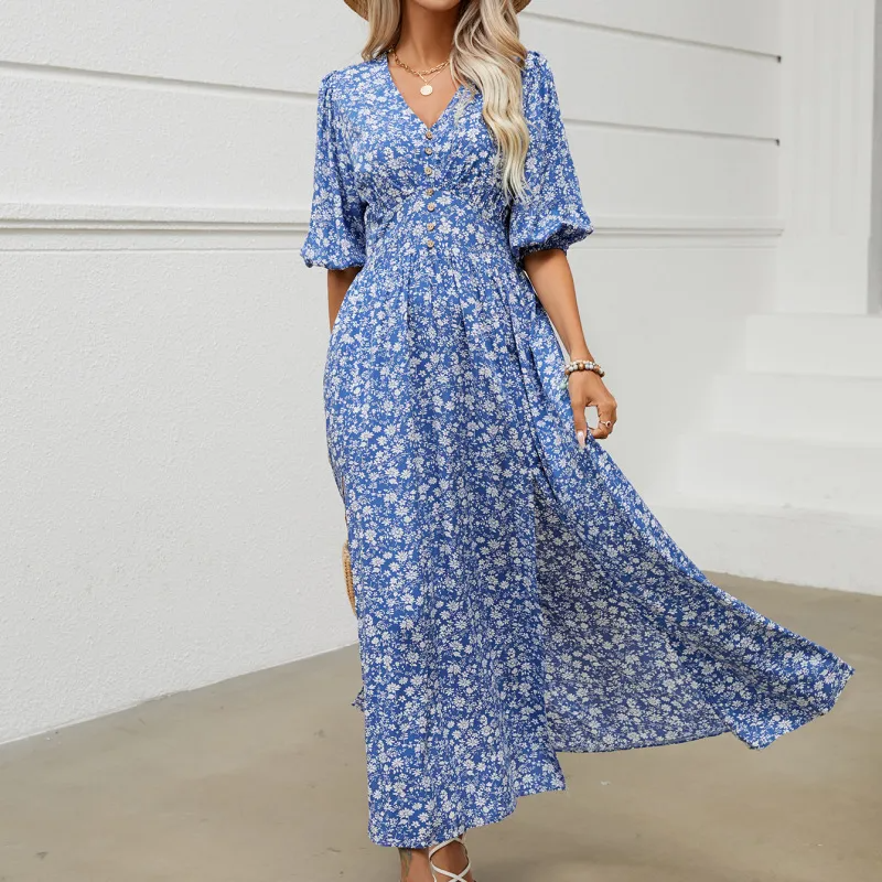 Bohemian Vacation Women V-Neck Side Slit Dress