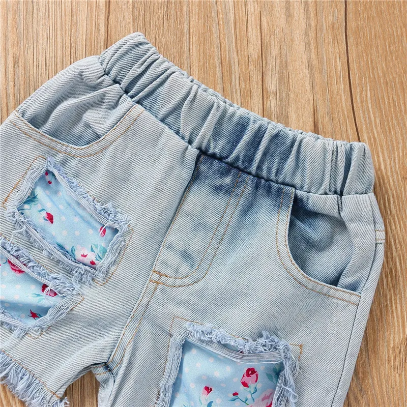 Girls Fashion Flower Pattern Tops And Denim Shorts Set