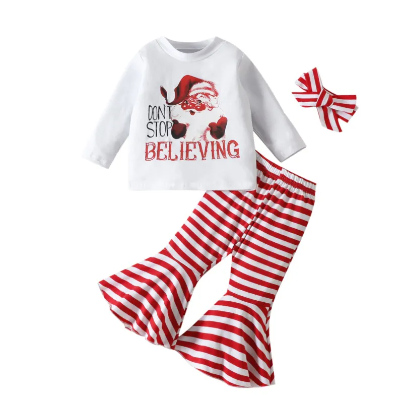 Kids Toddler Girls Casual Cute Party Santa Letters Round Neck Long Sleeve T-Shirt Flare Trousers Sets