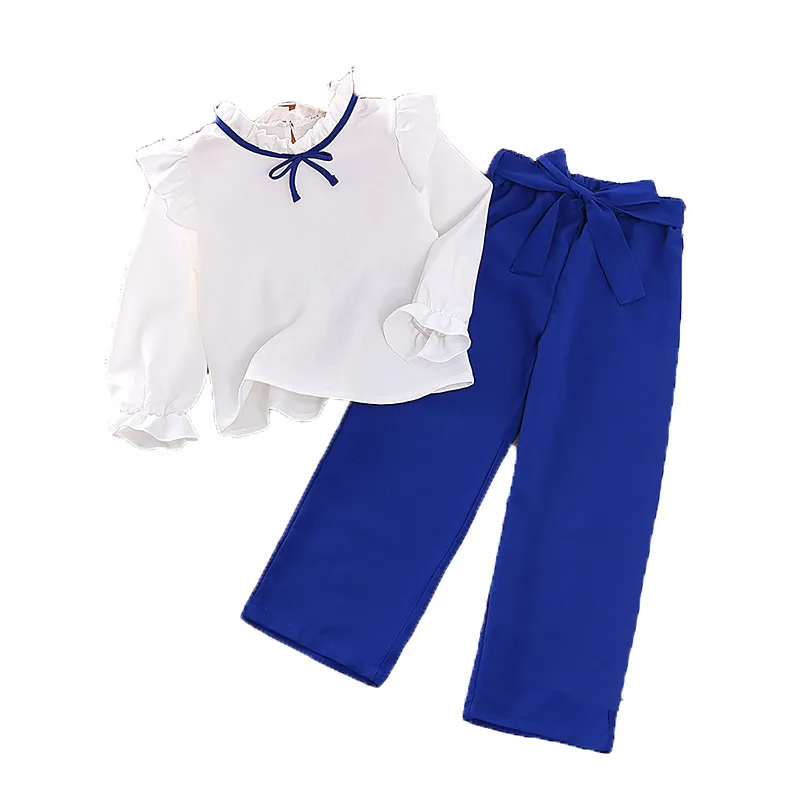 Children Kids Baby Fashion Girls Lace Solid Color Long Sleeved Top And Pants 2pcs Set