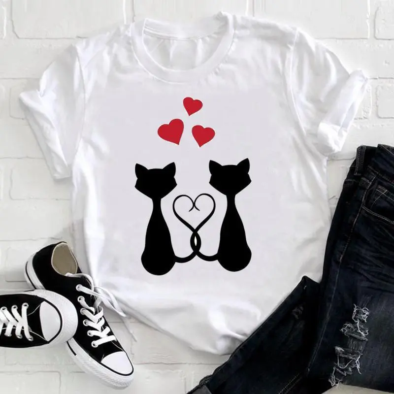 Basic Women Fashion Cartoon Owl Cat Print Crew Neck Short Sleeve T-Shirt