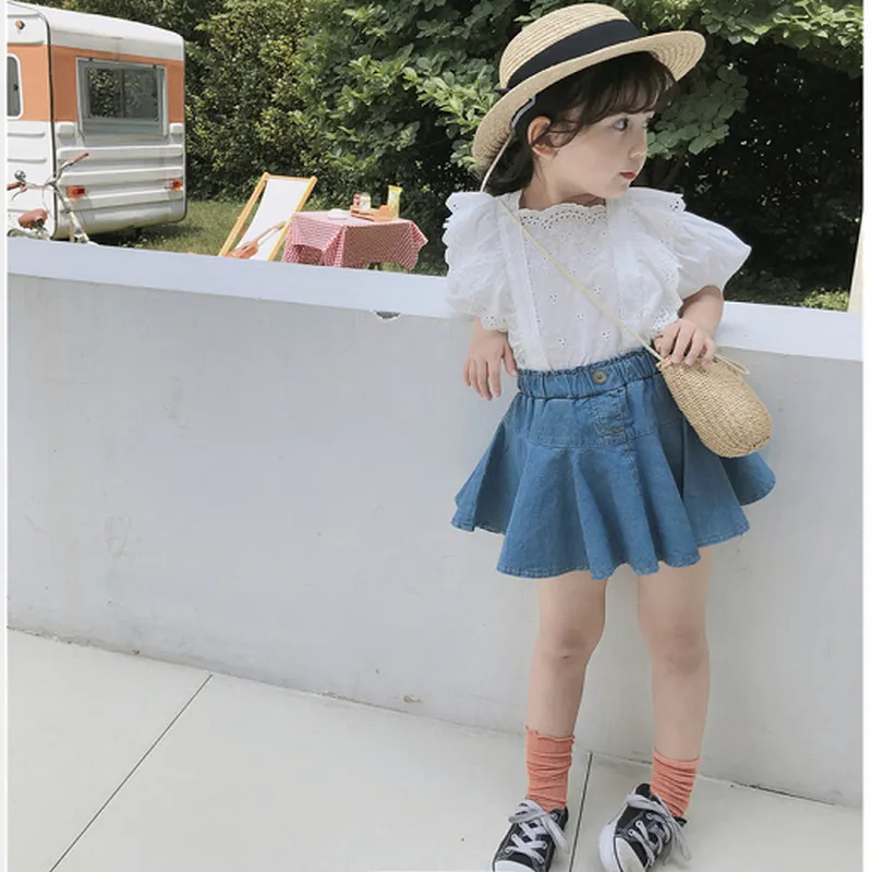 Girls Sweet Solid Color Hollow Out Puff Sleeve Lace Tops And Denim Skirts Two-Piece Set