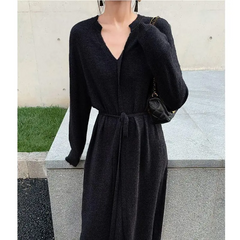 Autumn Winter Mid-Length V-Neck Solid Color Long Sleeve Knitted Dress