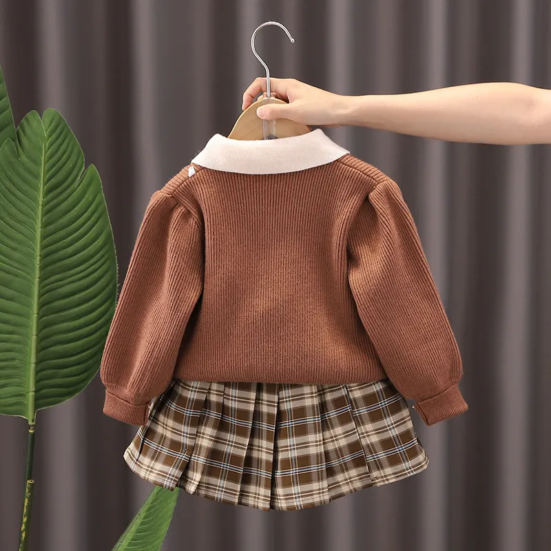 Kids Toddler Girls Autumn Winter Fashion Casual Simple Preppy Solid Color Cartoon Bear Bow Lapel Sweater Plaid Pleated Skirt Set