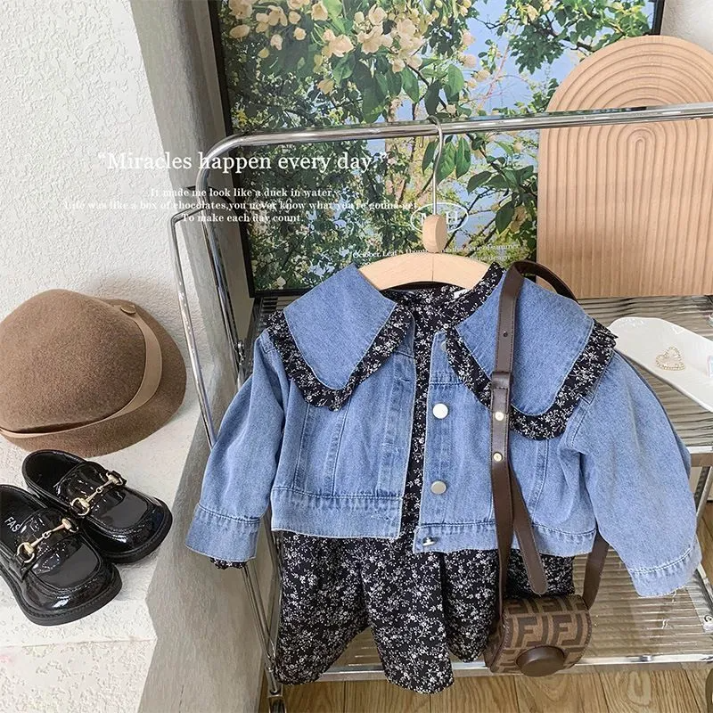 Children Kids Toddler Girls Lapel Denim Top And Flower Dress 2pcs Set