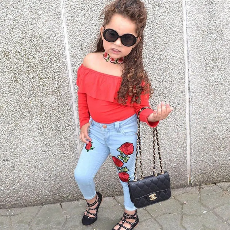 Hot Selling Girls Cotton Red Off-Shoulder Tops And Flower Printed Jeans Set