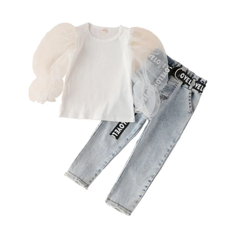 Girls Basic Solid Color Mesh Long Sleeve Top And Denim Pants Set