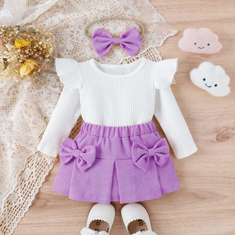 Kids Baby Toddler Girls Fashion Casual Solid Color Stripe Long Sleeve Round Neck T-Shirt Bow Skirt Sets