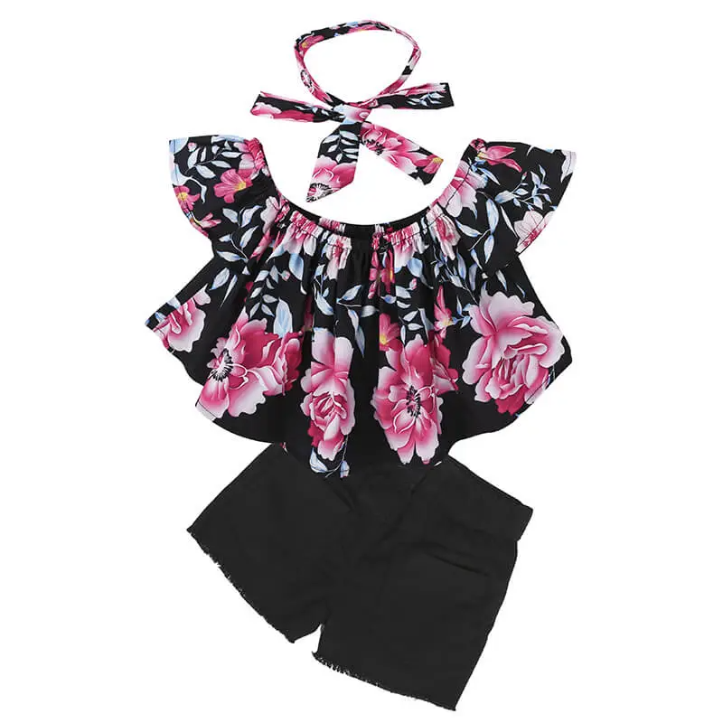 Girls Fashion Off-The-Shoulder Flower Pattern Tops And Shorts With Headband