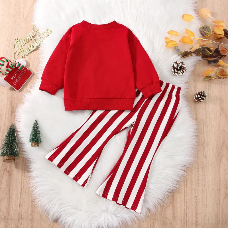 Kids Toddler Girls Casual Cute Christmas Letters Long Sleeve Sweatshirts Stripe Flared Pants Sets