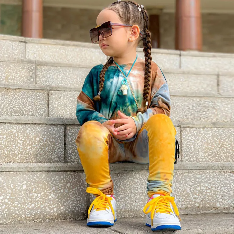 Kids Toddler Big Girls Spring Autumn Fashion Casual Cute Tie Dye Round Neck Long Sleeve Pants Set