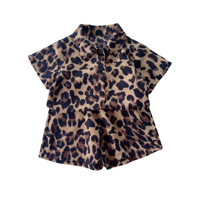 Children Kids Baby Fashion Boys Girls Short Sleeve Leopard Shirt And Shorts 2pcs Set