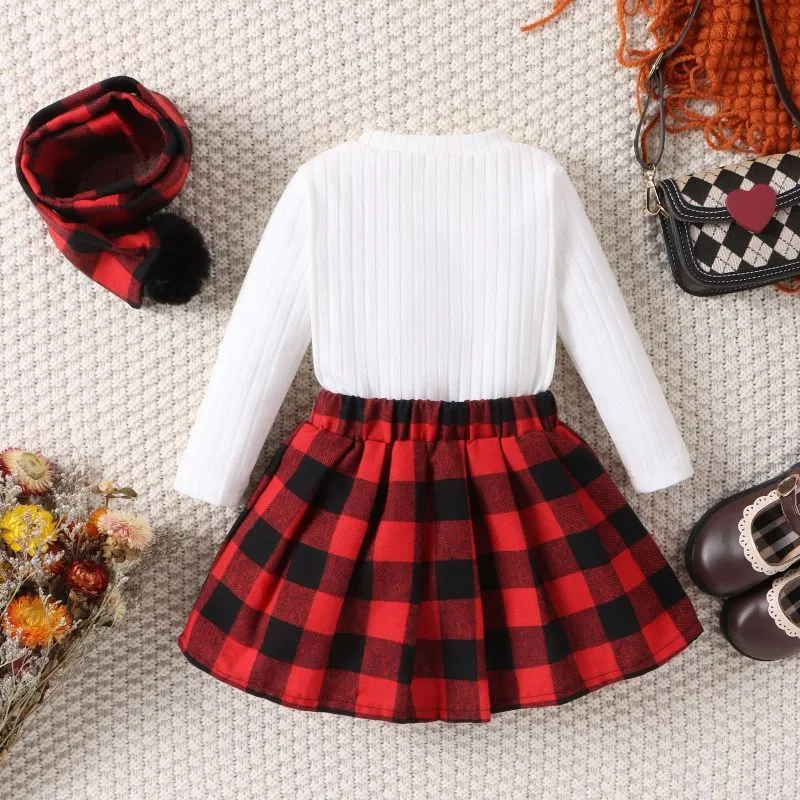 Kids Toddler Girls Fashion Casual Solid Color Stripe Long Sleeve Round Neck T-Shirt Plaid Short Skirt Sets