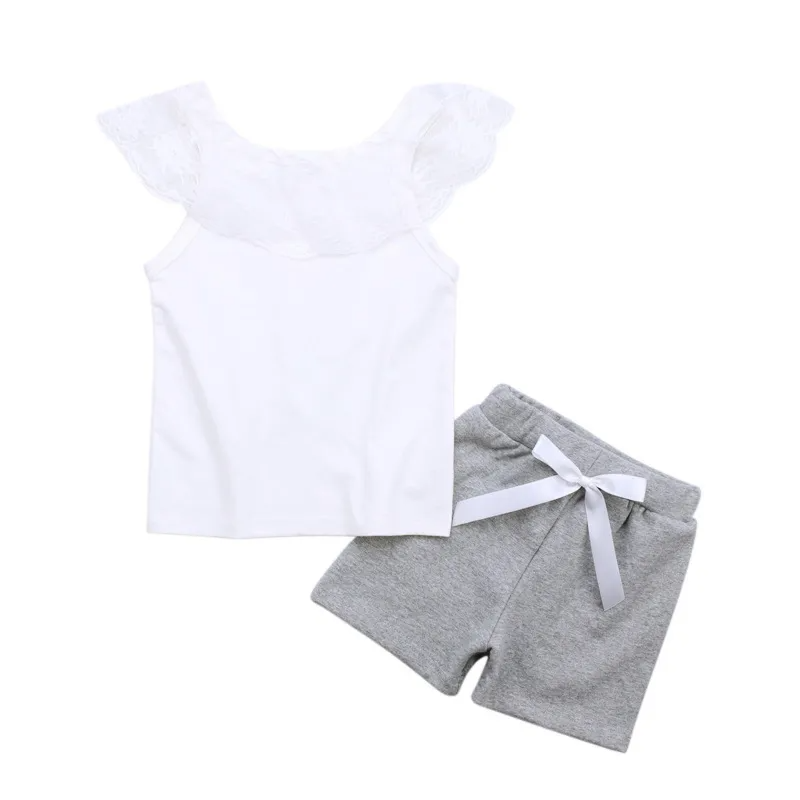 Children Kids Baby Fashion Girls Lace Ruffle Sleeve White T-Shirt And Shorts 2pc Set