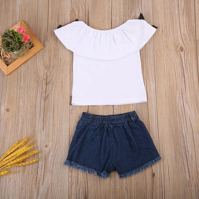 Girls Fashion Flower Pattern Ruffled Design Tops And Denim Shorts Set