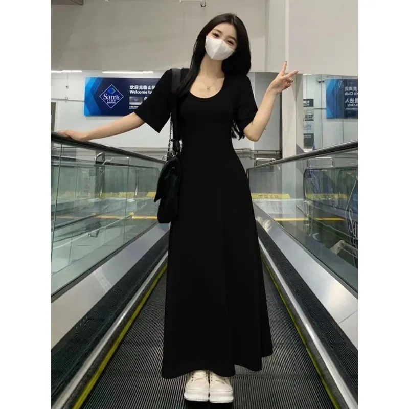 Women Casual Basic Solid Color Black Short-Sleeved Maxi Dress