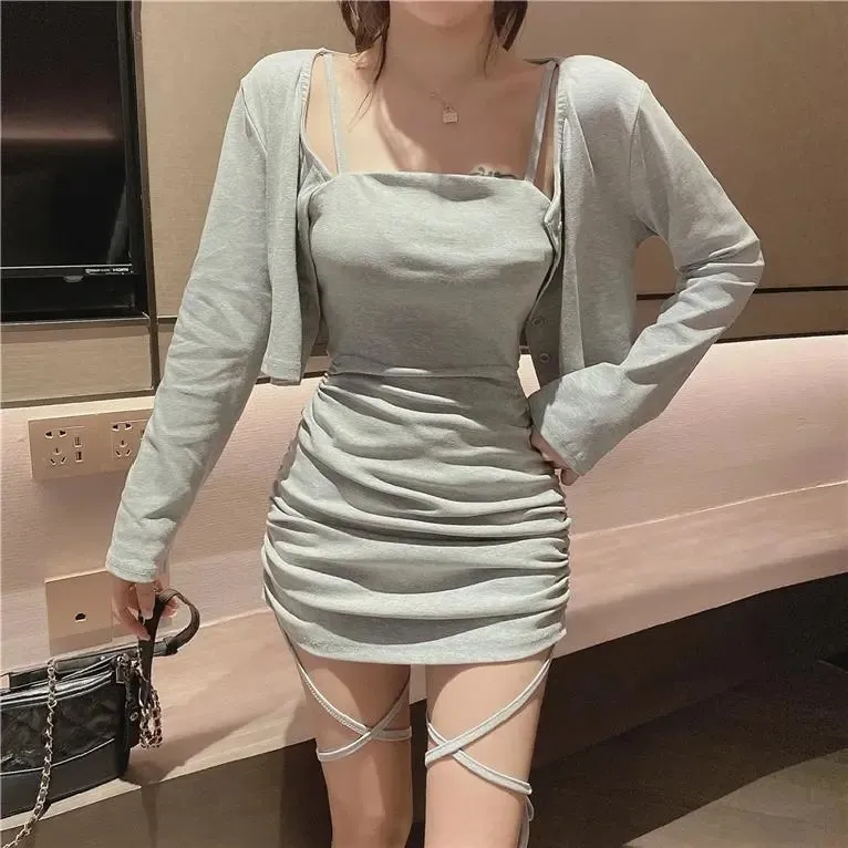 Autumn Women Edgy Sexy Elegant Basic Solid Color Long Sleeves Top And Irregular Dress Set