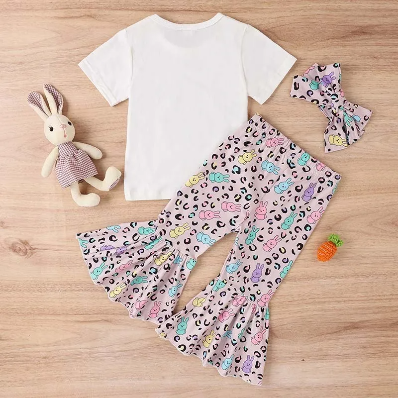 Kids Toddler Girls Casual Cute Easter Alphabet Cartoon Rabbit Print Short Sleeve Round Neck T-Shirt Flare Trousers Set