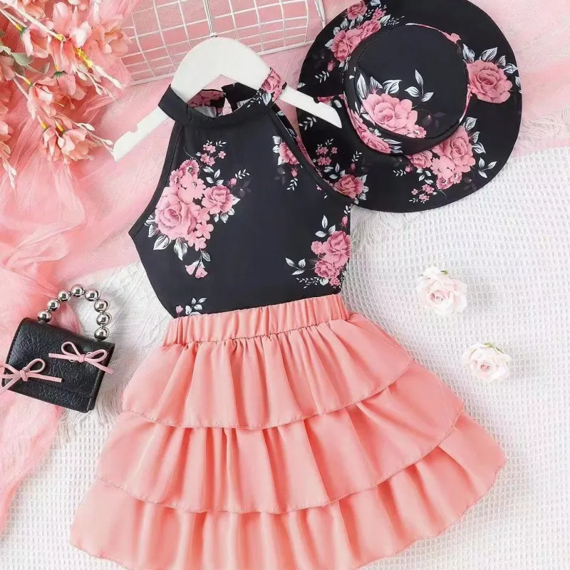 Kids Toddler Girls Casual Cute Floral Print Sleeveless Halter Neck Top Skirt Set