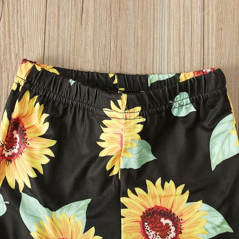 2 Pcs Set Kid Gir Yellow Tops And Sunflower Print Pants