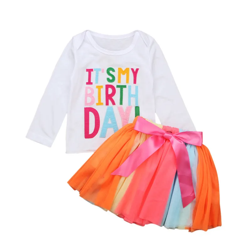 Kids Toddler Girls Party Casual Cute Rainbow Letter Round Neck Long Sleeve Short Sleeve Skirts Set