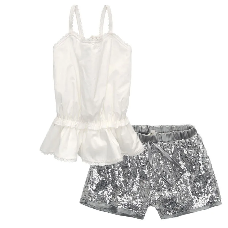 Girls Basic Solid Color Sleeveless Ruffled Backless Top And Sequin Shorts Set