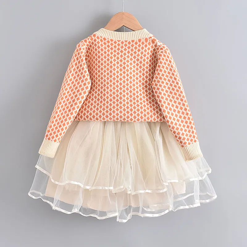 Girls Single Row Button Tops And Gauze Design Skirt Two-Piece Set