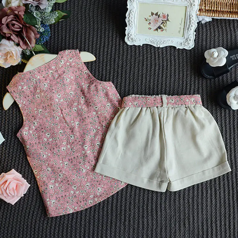 Girls Fashion Floral Sleeveless Tops And Shorts Set