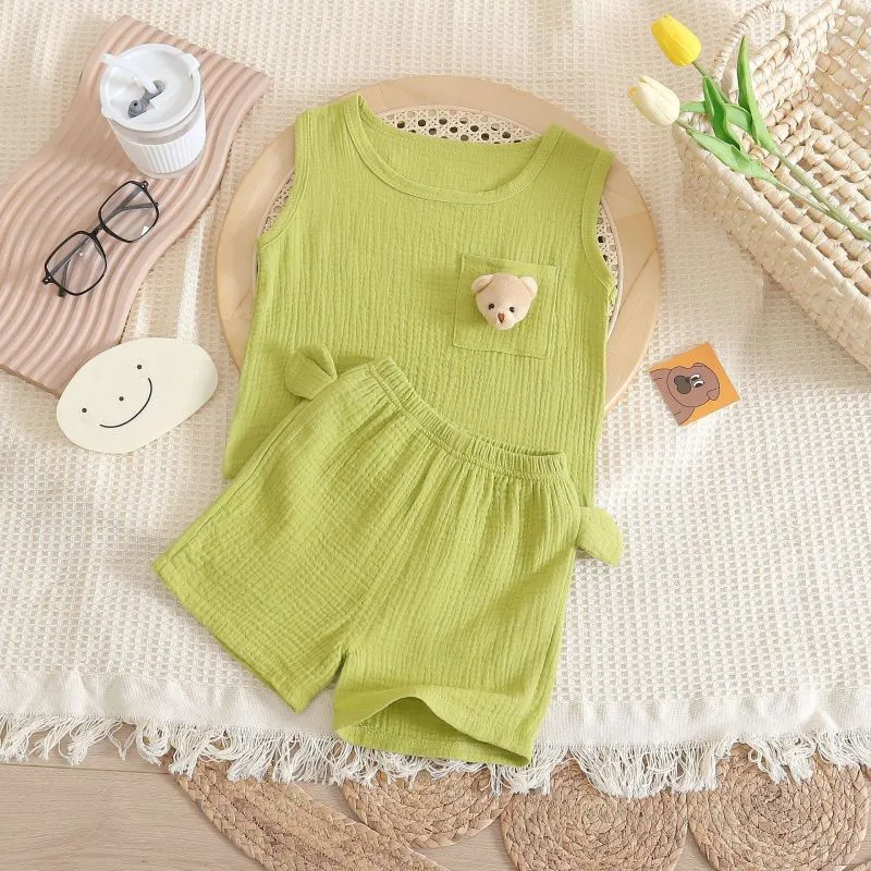 Kids Toddler Girls Boys Summer Fashion Casual Solid Color Bear Pendant Round Neck Sleeveless Vest Shorts Set