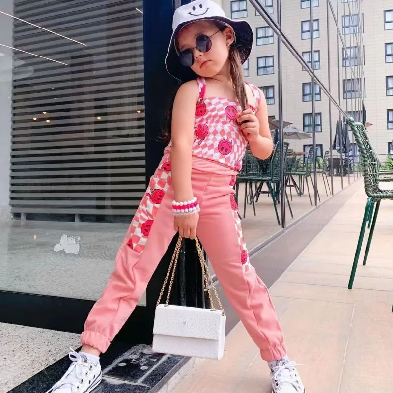 Kids Toddler Big Girls Summer Fashion Casual Cute Color Matching Playd Smiley Face Vest Trousers Set