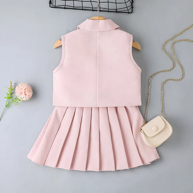 Children Kids Toddlers Fashion Girls Solid Color Sleeveless Jacket And Sling T-Shirt Pleated Skirt 3pcs Set