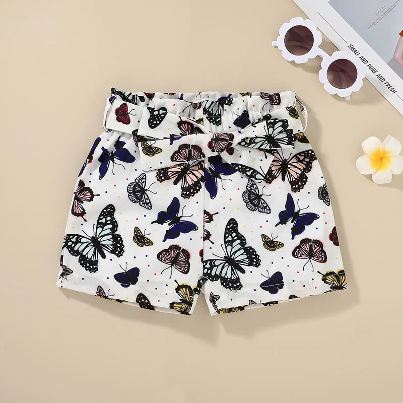 Girls Fashion One Shoulder Design Butterfly Pattern Tops And Shorts Set