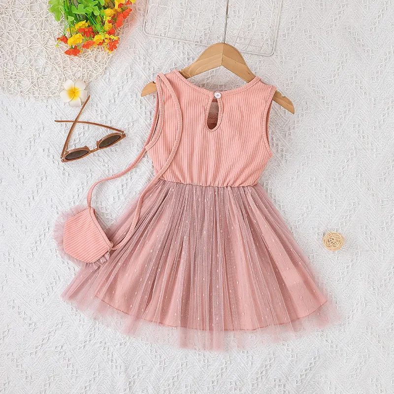 Children Kids Baby Fashion Girls Sleeveless Sweet Flower Lace Mesh Dress And Cute Bag 2pcs Set