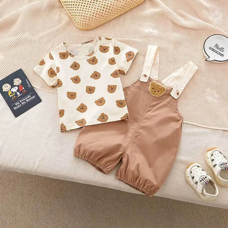 Kids Toddler Girls Fashion Bear Round Neck Short Sleeve T-Shirt And Suspender Pants Set