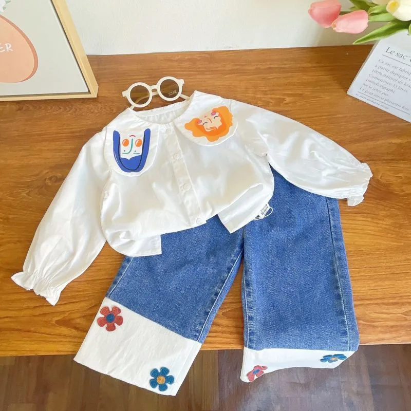 Children Kids Baby Fashion Girls Casual Long Sleeve Cartoon Print Blouse And Flower Jeans 2pcs Set