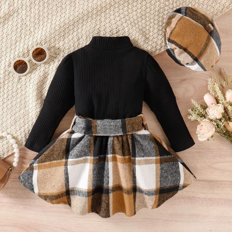 Kids Toddler Girls Fashion Casual Solid Color Stripe Long Sleeve Round Neck T-Shirt Plaid Short Skirt Sets