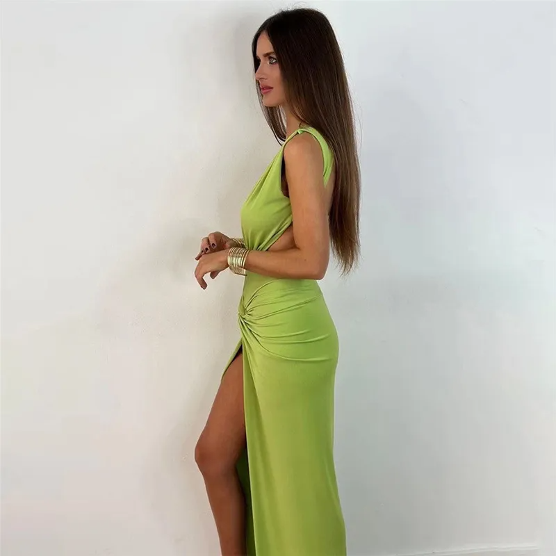 Spring And Summer Women Fashion Backless Sexy V-Neck Side-Slit Maxi Solid Dress