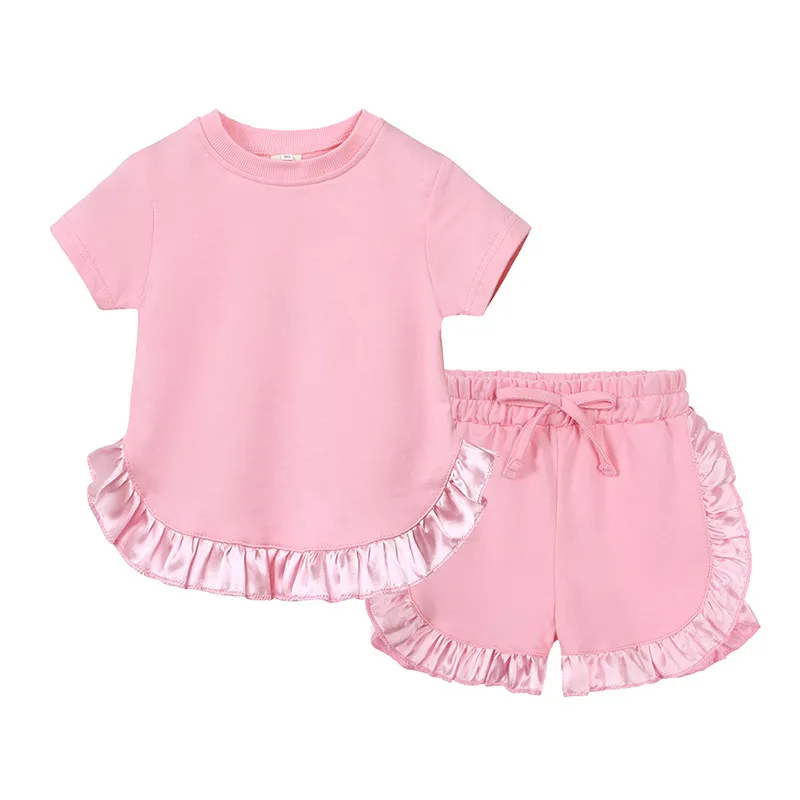 Children Kids Baby Fashion Girls Short Sleeve Casual Basic Solid Color Ruffle T-Shirt And Shorts 2pcs Set