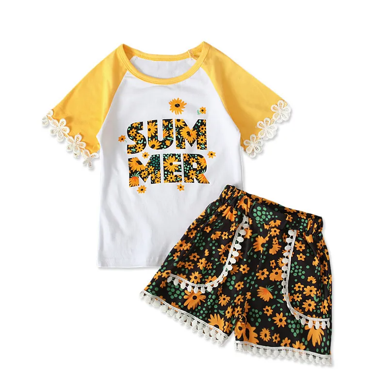 Children Kids Baby Fashion Girls Short Sleeve Letter Print Lace T-Shirt And Flower Print Shorts 2pc Set